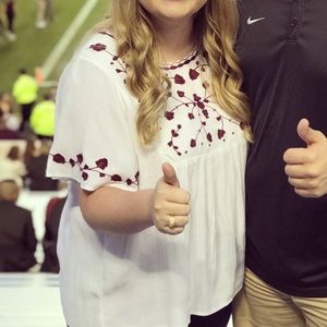 Lucky brand flowy white top with maroon embroidery